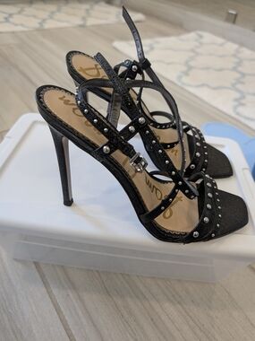 Sam Edelman Womens 8.5 M Lennox Silver Studded Black Leather High Heels Sandals